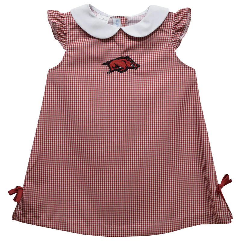 Vive La Fete Arkansas Razorbacks Embroidered Red Gingham A Line Dress - Flying Ryno