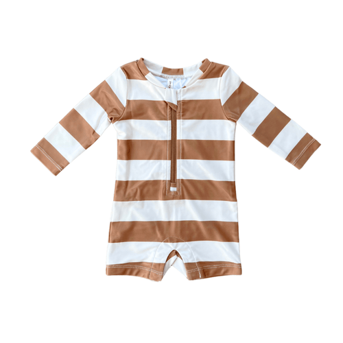 Babysprouts Baby One - Piece Rash Guard Swimsuit - Stripe in Toffee - Flying Ryno