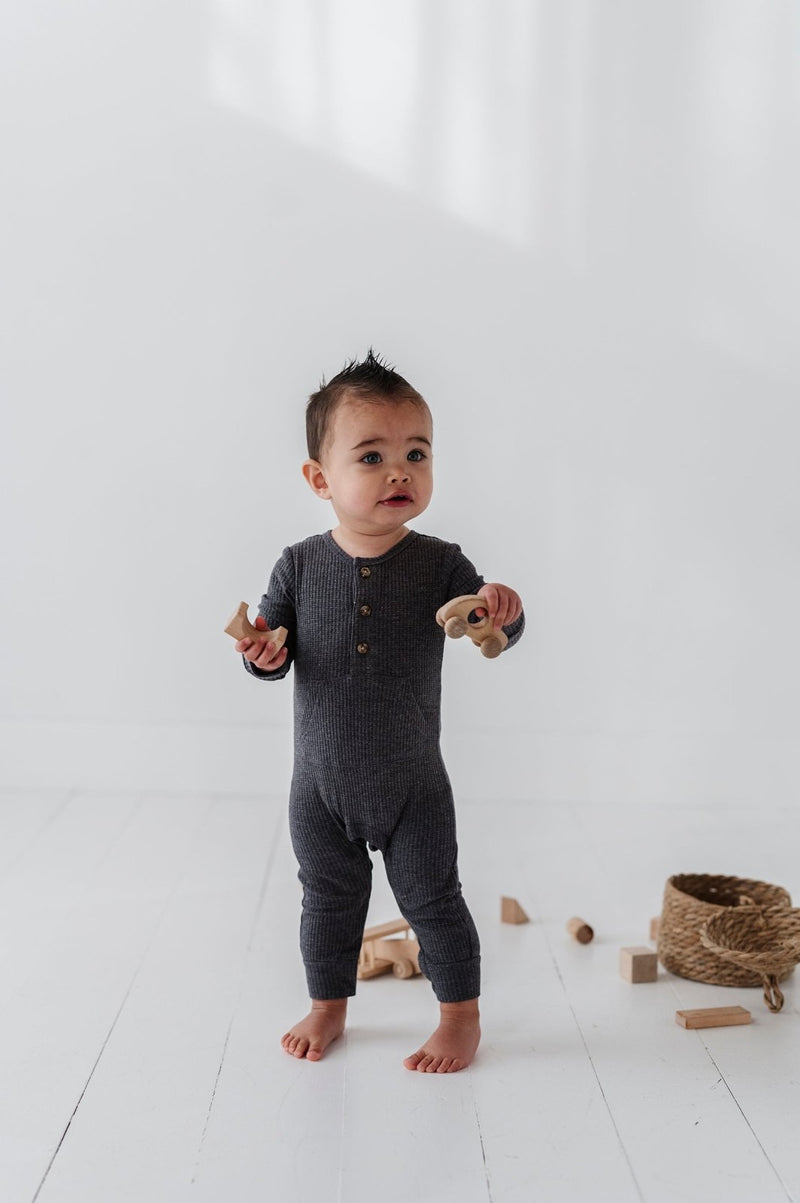 Babysprouts Waffle Romper, Charcoal Mix - Flying Ryno