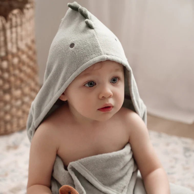 Elegant Baby Dinosaur Hooded Bath Wrap - Sage - Flying Ryno