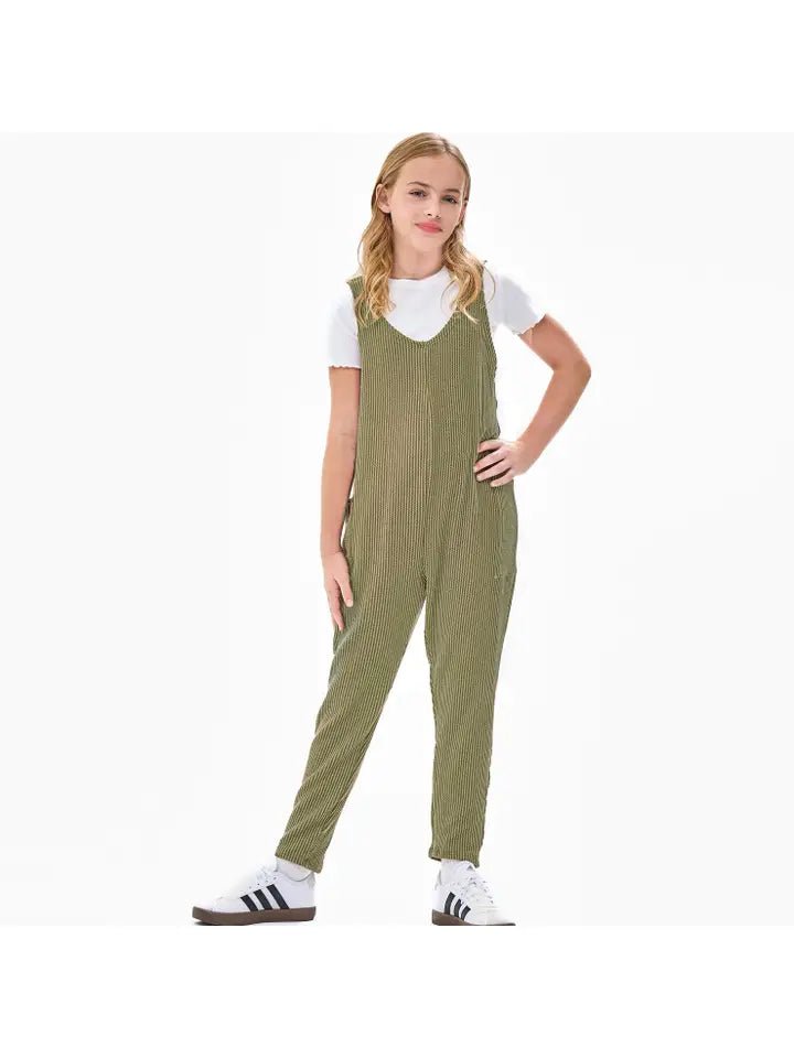 Good Girl Embossed Rib Sleeveless Jumpsuit /Overall /Onesie - Olive - Flying Ryno