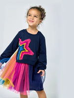 Hannah Banana Long Sleeve Twofer Dress with Rainbow Mesh Star Detail and Tutu Mesh Skirt - Flying Ryno