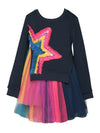 Hannah Banana Long Sleeve Twofer Dress with Rainbow Mesh Star Detail and Tutu Mesh Skirt - Flying Ryno