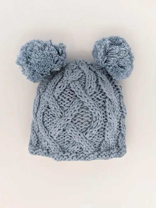 Huggalugs Newborn Baby Aran Chambray Double Pom Pom Beanie - Flying Ryno