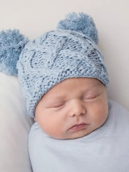 Huggalugs Newborn Baby Aran Chambray Double Pom Pom Beanie - Flying Ryno