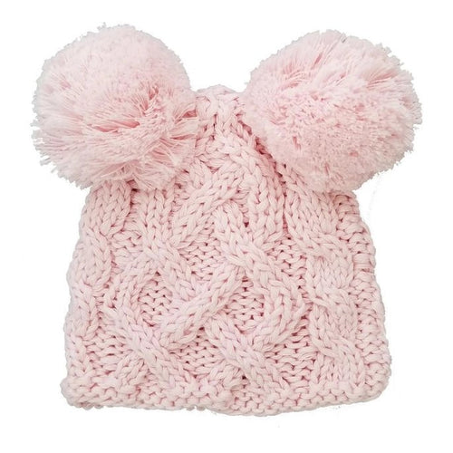 Huggalugs Newborn Baby Aran Pink Double Pom Pom Beanie Hat - Flying Ryno