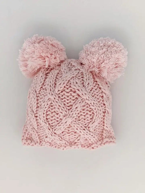 Huggalugs Newborn Baby Aran Pink Double Pom Pom Beanie Hat - Flying Ryno