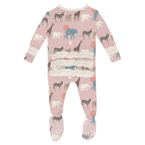Kickee Pants Print Classic Ruffle Footie with 2 Way Zipper, Baby Rose Just So Animals - Flying Ryno