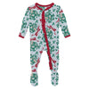 Kickee Pants Print Classic Ruffle Footie with 2 Way Zipper, Illusion Blue Mistletoe and Ribbons - Flying Ryno