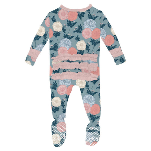 Kickee Pants Print Classic Ruffle Footie with 2 Way Zipper, Stormy Sea Enchanted Floral - Flying Ryno