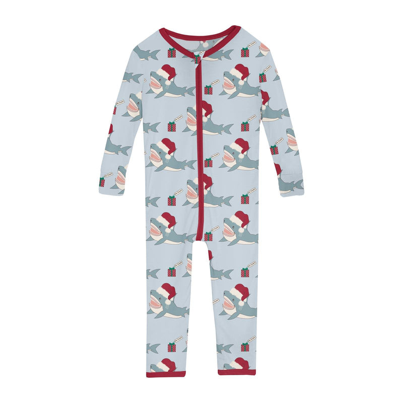 Kickee Pants Print Convertible Sleeper with Zipper, Illusion Blue Holiday Sharks - Flying Ryno