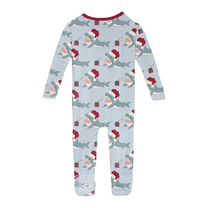 Kickee Pants Print Convertible Sleeper with Zipper, Illusion Blue Holiday Sharks - Flying Ryno