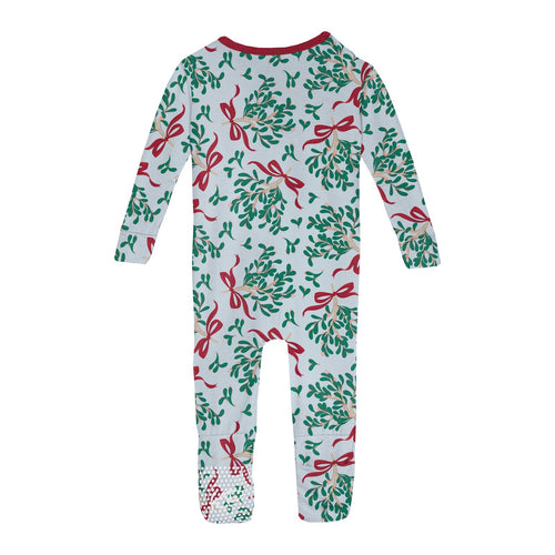 Kickee Pants Print Convertible Sleeper with Zipper, Illusion Blue Mistletoe and Ribbons - Flying Ryno