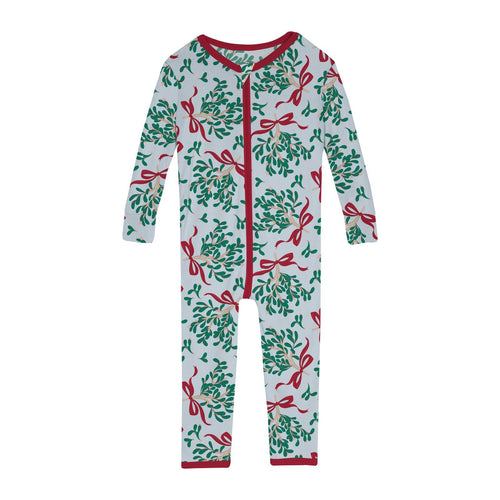 Kickee Pants Print Convertible Sleeper with Zipper, Illusion Blue Mistletoe and Ribbons - Flying Ryno