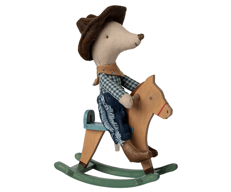 Maileg Cowboy mouse on rocking horse, Little brother - Flying Ryno