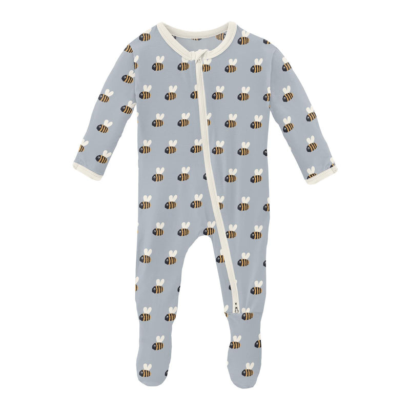 *PRE-SALE* Kickee Pants Print Footie with 2 Way Zipper, Pearl Blue Baby Bumblebee - Flying Ryno