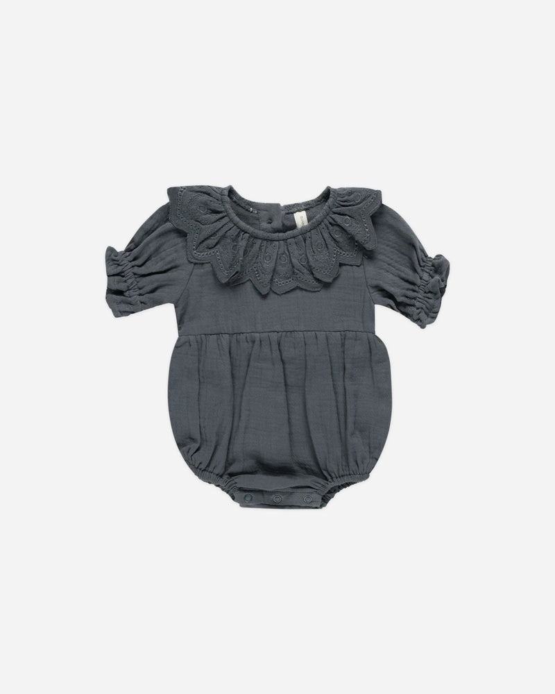 Quincy Mae Collared Romper, Indigo - Flying Ryno