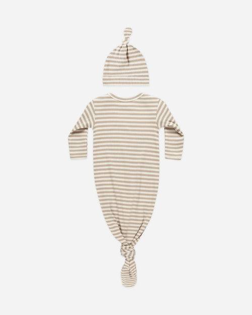 Quincy Mae Knotted Baby Gown and Hat Set, Latte Stripe - Flying Ryno