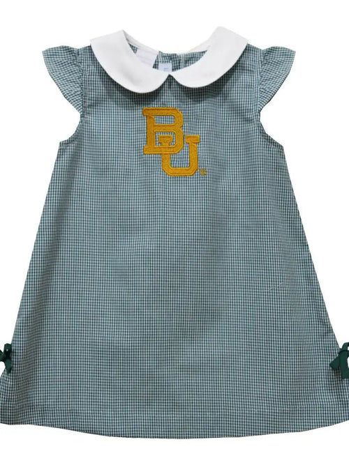 Vive La Fete Baylor Bears Embroidered Hunter Green Gingham A Line Dress - Flying Ryno